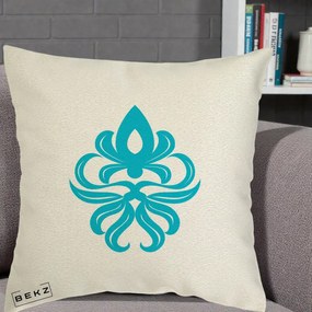 Perna Decorativa Ornament Turcoaz Fleur de Lis, 40x40 cm, Ecru, Husa Detasabila, Perna Inclusa, BEKZ®
