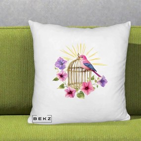 Perna Decorativa Pasare Roz pe Colivie Aurie cu Flori, 40x40 cm, Alb Pufos, Husa Detasabila, Perna Inclusa, BEKZ®