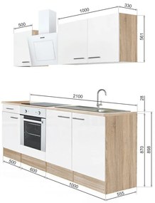 Mobilă de bucătărie Yorki 210, corp din stejar sonoma, față alb satinat cu element inferior al cuptorului