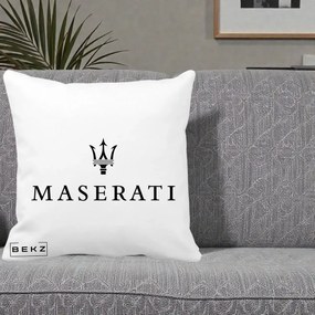 Perna Personalizata cu emblema Maserati, 40x40 cm, Alba Mata, Husa Detasabila, Perna Inclusa, BEKZ®