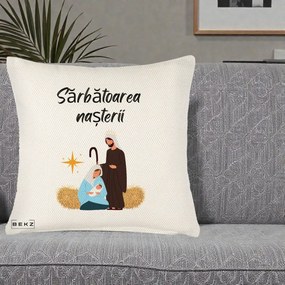Perna Decorativa Nasterea Domnului Sfanta Familie Sarbatoarea Nasterii, 40x40 cm, Crem Reliefat, Husa Detasabila, Perna Inclusa, BEKZ®