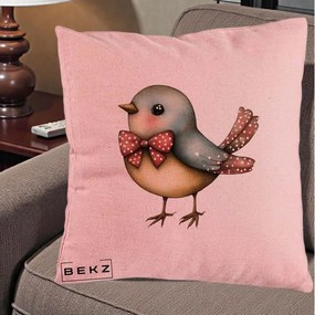 Perna Decorativa Pasare Bleu cu Fundita Rosie, 40x40 cm, Roz, Husa Detasabila, Perna Inclusa, BEKZ®