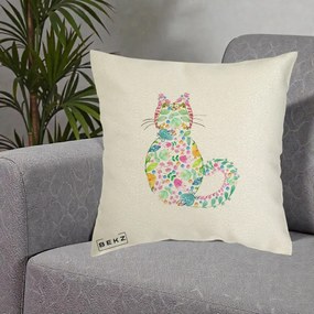 Perna Decorativa Pisica Florala Acuarela, 40x40 cm, Ecru, Husa Detasabila, Perna Inclusa, BEKZ®
