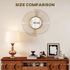 HOMCOM Oglindă Decorativă de Perete Rotundă, Design Modern cu Benzi Metalice și Ramă Plisată, Pentru Sufragerie, Dormitor și Hol, 60x60 cm, Auriu | Aosom Romania