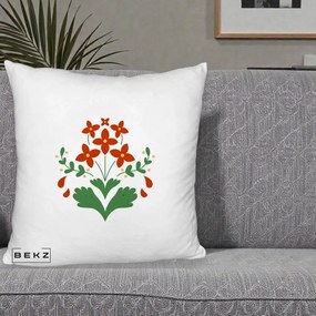 Perna Decorativa Buchet Floral Folk Rosu-Verde, 40x40 cm, Alb Pufos, Husa Detasabila, Perna Inclusa, BEKZ®