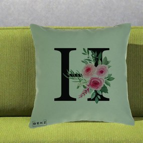 Cadou Personalizat - Perna Personalizata Monograma Florala Litera H cu Trandafiri Roz, 40x40 cm, Verde, Husa Detasabila, Perna Inclusa, BEKZ®