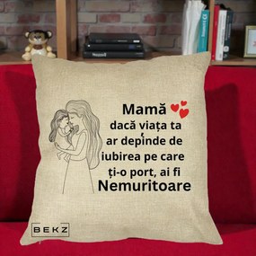 Cadou pentru Mama - Perna Personalizata Mama Nemuritoare cu Copilul in Poala, 40x40 cm, Crem, Husa Detasabila, Perna Inclusa, BEKZ®