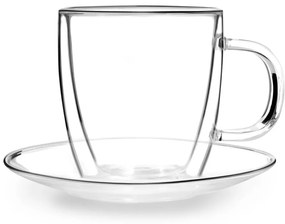 Set 2 pahare din sticlă cu perete dublu și farfurioară Vialli Design, 250 ml