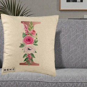 Cadou Personalizat - Perna Personalizata Monograma Rose Gold Litera I, 40x40 cm, Bej, Husa Detasabila, Perna Inclusa, BEKZ®