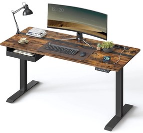 Birou electric reglabil pe inaltime cu priza si sertar, 140 x 60 cm maro-negru