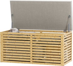 HOMCOM Bancă de depozitare, cufăr tapițat din material cu aspect de in, capac și structură din bambus, gri și lemn natural | Aosom Romania