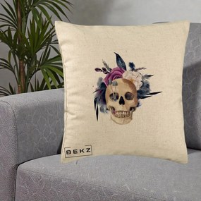 Perna Decorativa Craniu Floral cu Trandafiri si Ciuperci, 40x40 cm, Bej, Husa Detasabila, Perna Inclusa, BEKZ®