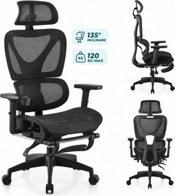 RIGACHAIR PRO Scaun ergonomic, sezut translatie, cotiere 2D, tetiera 2D, recliner 155°, suport picioare, Full Mesh, Negru