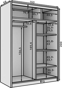 Dulap cu usi glisante, 150x58x200 cm, Calma 150, ADRK Furniture (Culoare: Alb / Negru)