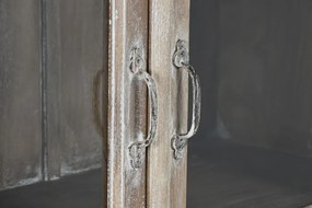 Vitrină sculptată manual din lemn masiv de mango, finisaj décapé alb, 2 uși vitrate, 3 rafturi, 120×44×210 cm, „Jaipur"