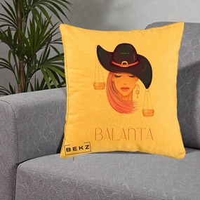 Perna Personalizata Zodiac Balanta Cowgirl, 40x40 cm, Galben, Husa Detasabila, Perna Inclusa, BEKZ®