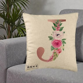 Cadou Personalizat - Perna Personalizata Monograma Rose Gold Litera J, 40x40 cm, Bej, Husa Detasabila, Perna Inclusa, BEKZ®
