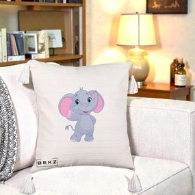 Perna Decorativa Pui de Elefant Kawaii, 40x40 cm, Bej cu Franjuri, Husa Detasabila, Perna Inclusa, BEKZ®