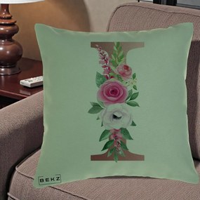 Cadou Personalizat - Perna Personalizata Monograma Rose Gold Litera I, 40x40 cm, Verde, Husa Detasabila, Perna Inclusa, BEKZ®