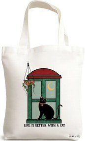 Sacosa de Panza pentru Cumparaturi, Geanta Tote, model Life is Better With a Cat, 38 x 34.5 cm, Alba, BEKZ®