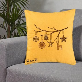 Perna Decorativa Ornamente de Lemn pe Ramura, 40x40 cm, Galben, Husa Detasabila, Perna Inclusa, BEKZ®