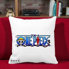 Perna Personalizata One Piece Clasic Albastru, 40x40 cm, Alba Mata, Husa Detasabila, Perna Inclusa, BEKZ®