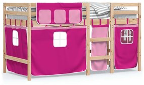 3283828 vidaXL Pat etajat de copii cu perdele, roz, 90x190 cm, lemn masiv pin