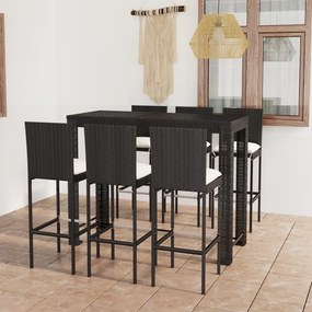Set mobilier bar de exterior cu perne crem, 7 piese, poliratan Negru, Lungime masa 140 cm, 7