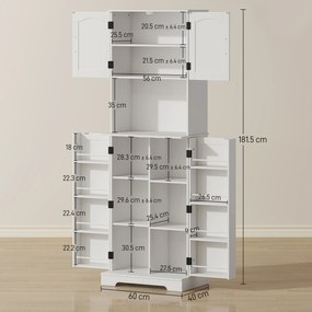 HOMCOM Dulap de bucătărie înalt, stil country, cu 2 dulapuri și 8 suporturi pentru condimente, 60x40x181.5 cm, alb | Aosom Romania