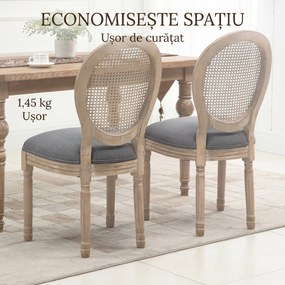 HOMCOM Set 2 Scaune de Dining Vintage, Material cu Efect de In, Spătar din Ratan Perforat, Picioare din Lemn, Gri | Aosom Romania
