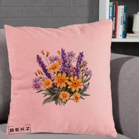 Perna Decorativa Lavanda cu Margarete Galbene si Lila, 40x40 cm, Roz, Husa Detasabila, Perna Inclusa, BEKZ®