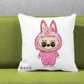 Perna Personalizata Labubu Roz cu Coroana Florala, 40x40 cm, Alba Mata, Husa Detasabila, Perna Inclusa, BEKZ®