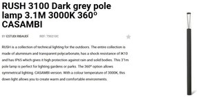 Stalp LED iluminat exterior simetric 360º IP65 RUSH 310cm 3000K CASAMBI