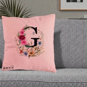 Cadou Personalizat - Perna Personalizata Monogram Litera G cu Flori Acuarela, 40x40 cm, Roz, Husa Detasabila, Perna Inclusa, BEKZ®