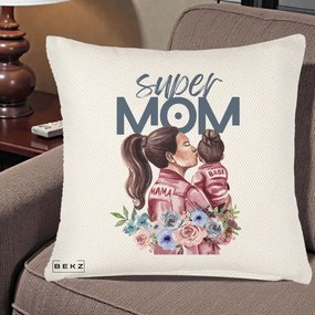 Cadou pentru Mama - Perna Personalizata Super Mom Mama cu Bebelusul, 40x40 cm, Crem Reliefat, Husa Detasabila, Perna Inclusa, BEKZ®