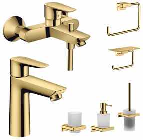 Set baterie cada si baterie lavoar Hansgrohe Talis cu accesorii baie Hansgrohe AddStoris, auriu lucios