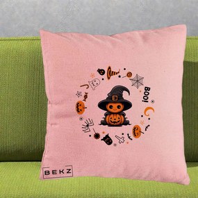 Perna Decorativa Halloween Dovleac Vrajitor Boo cu Simboluri, 40x40 cm, Roz, Husa Detasabila, Perna Inclusa, BEKZ®