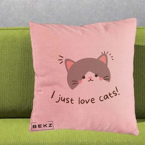Perna Personalizata I Just Love Cats Pisica Kawaii, 40x40 cm, Roz, Husa Detasabila, Perna Inclusa, BEKZ®