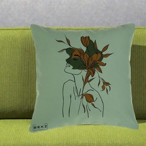 Perna Decorativa Portret Feminin Crin Auriu, 40x40 cm, Verde, Husa Detasabila, Perna Inclusa, BEKZ®