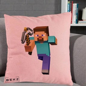 Perna Personalizata Minecraft Steve, 40x40 cm, Roz, Husa Detasabila, Perna Inclusa, BEKZ®