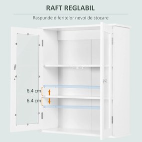 Kleankin Dulap de Baie Suspendat cu 2 Uși din Lemn și Sticlă, Dulap de Perete Multifuncțional, 55x20x65 cm, Alb | Aosom Romania