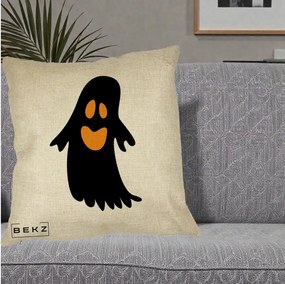 Perna Decorativa Halloween Fantoma Neagra cu Ochi Portocalii, 40x40 cm, Crem, Husa Detasabila, Perna Inclusa, BEKZ®