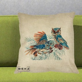 Perna Decorativa Bufnite de Iarna Albastre, 40x40 cm, Crem, Husa Detasabila, Perna Inclusa, BEKZ®
