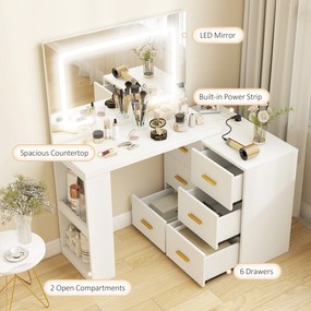 HOMCOM Stație de Machiaj cu Lumini LED, 3 Culori, Luminozitate Reglabilă, Toaletă Convertibilă cu Prize Electrice, 6 Sertare Soft Close, Oglindă, Rafturi Deschise, pentru Dormitor, Alb | Aosom Romania