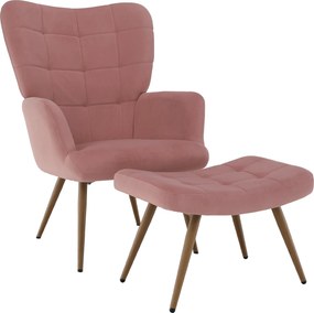Fotoliu cu suport pentru picioare, ţesătură Velvet roz/stejar, HABEN