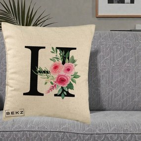 Cadou Personalizat - Perna Personalizata Monograma Florala Litera H cu Trandafiri Roz, 40x40 cm, Bej, Husa Detasabila, Perna Inclusa, BEKZ®