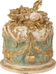Tort decorativ din polirășină, albastru deschis și crem, cu coroană de frunze aurii și ghirlande, 24 x 20 cm, „Macaron”