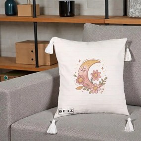 Perna Decorativa Luna Florala Boho, 40x40 cm, Bej cu Franjuri, Husa Detasabila, Perna Inclusa, BEKZ®