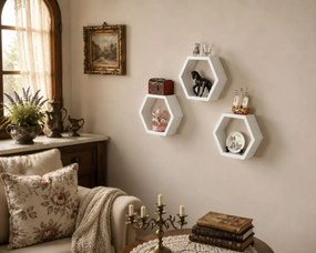 Set 9 rafturi perete Hexa Culoare alb,Homs,Seia A620,lemn natur
