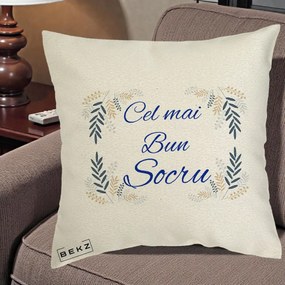 Cadou pentru Socru - Perna Personalizata Cel mai Bun Socru cu Ramuri Frunze Albastre si Aurii, 40x40 cm, Ecru, Husa Detasabila, Perna Inclusa, BEKZ®